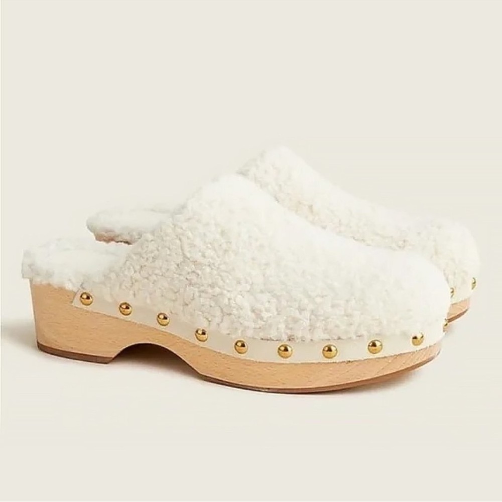 J. Crew White Faux Shearling Clogs with Gold Studs NWOB Sz 9.5 women’s